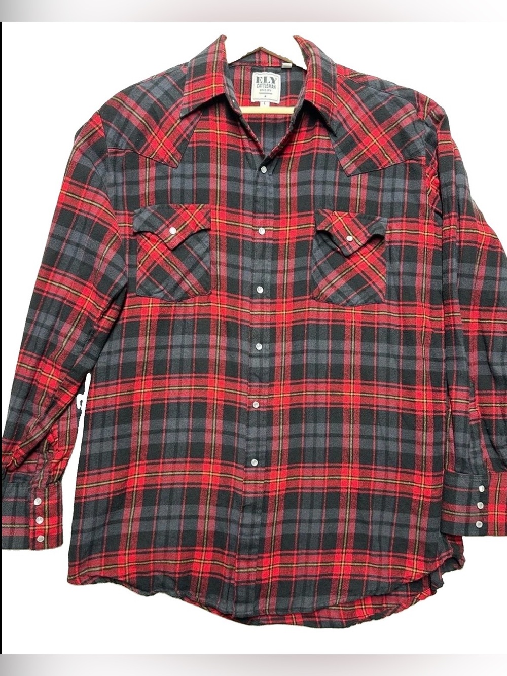 Ely Cattleman Men’s L Cotton Red Black Plaid Western Pearl Snap Flannel Shirt